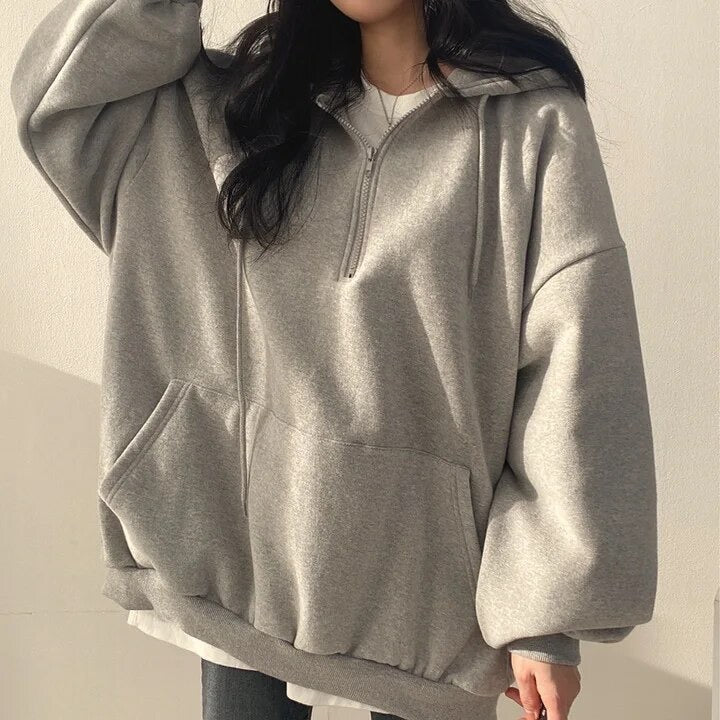 Oversized Solid Half Zip Up Fleece Hoodie