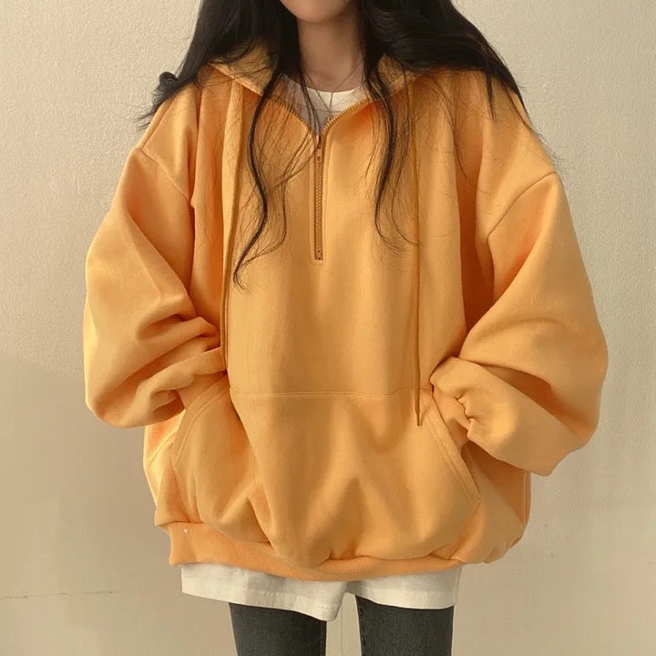 Oversized Solid Half Zip Up Fleece Hoodie