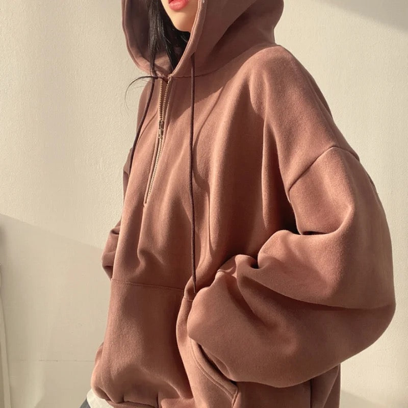 Oversized Solid Half Zip Up Fleece Hoodie