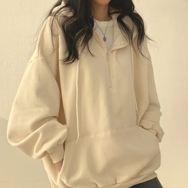 Oversized Solid Half Zip Up Fleece Hoodie