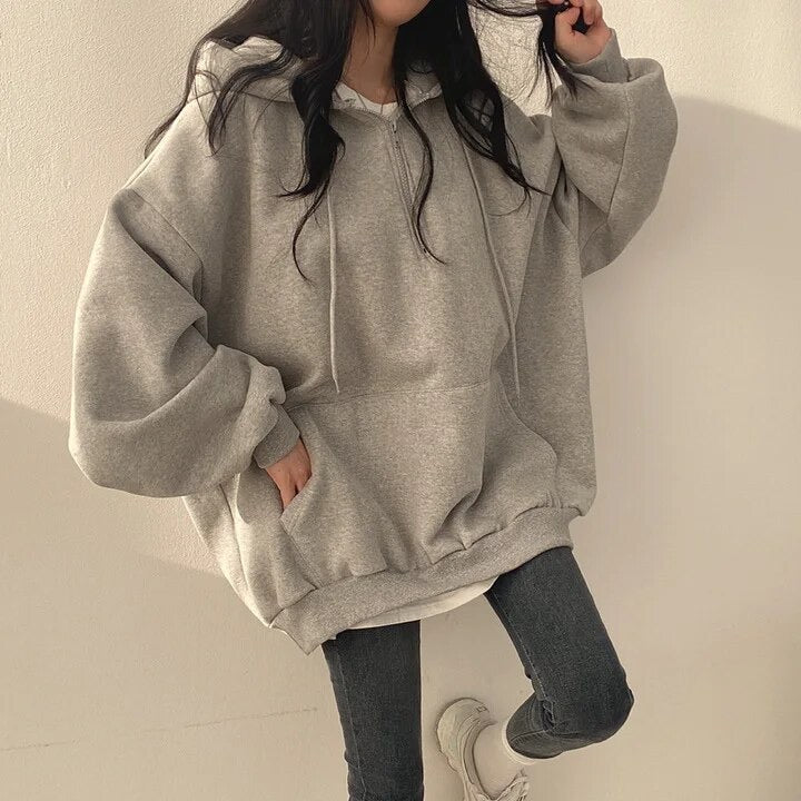 Oversized Solid Half Zip Up Fleece Hoodie