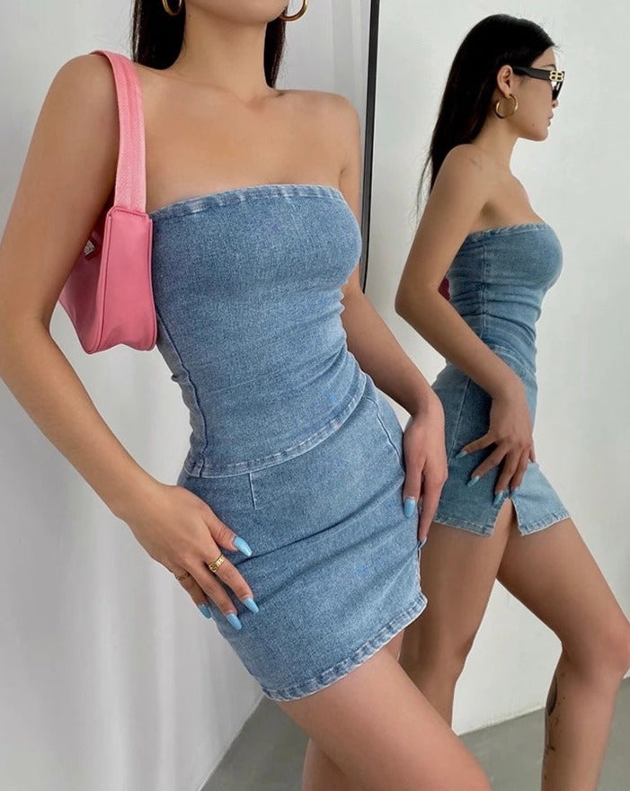 Denim Strapless Tube Top and Mini Skirt Set - 2 Piece Outfit