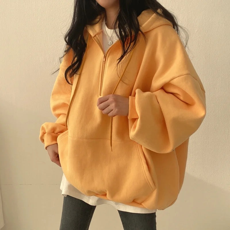 Oversized Solid Half Zip Up Fleece Hoodie