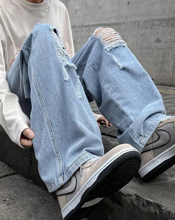 Elastic-Waisted Ripped Denim Joggers