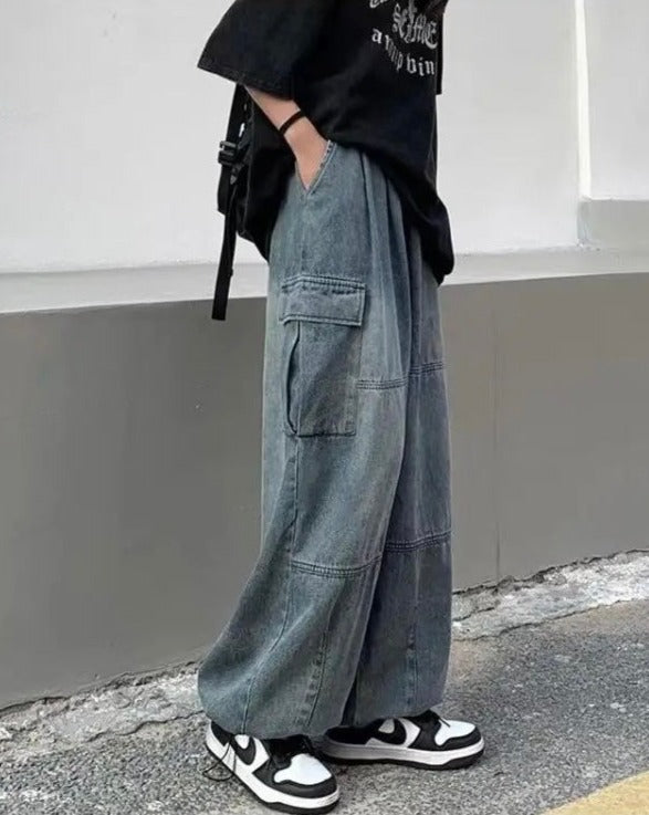 Elastic-Waisted Baggy Cargo Denim Jeans