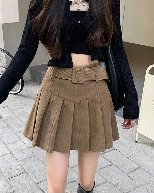 High-Waisted Pleated Mini Skirt with Belt