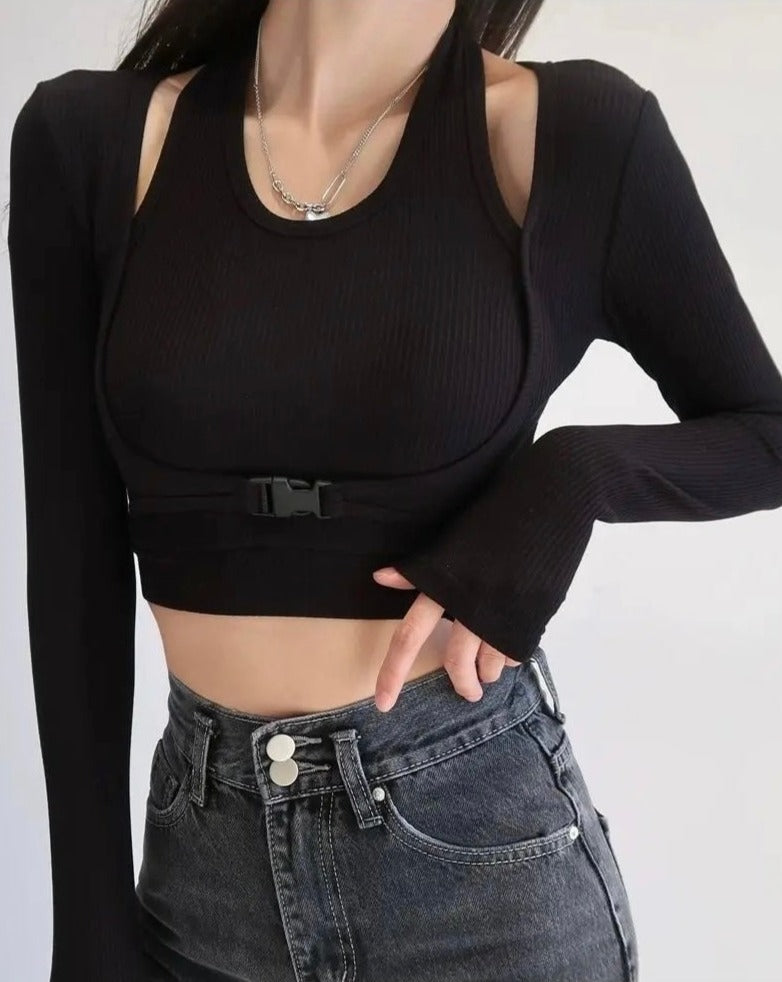 Slim Long Sleeve Buckle Crop top