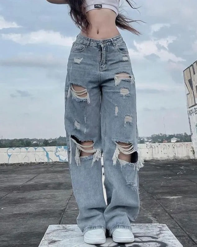 Baggy Distressed Ripped Denim Jeans