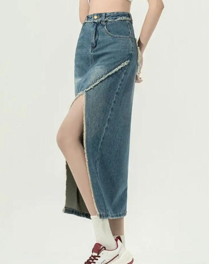 Slit High-Waisted Vintage Denim Skirt