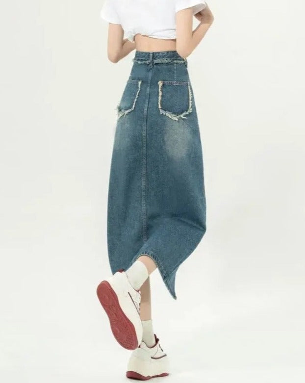 Slit High-Waisted Vintage Denim Skirt