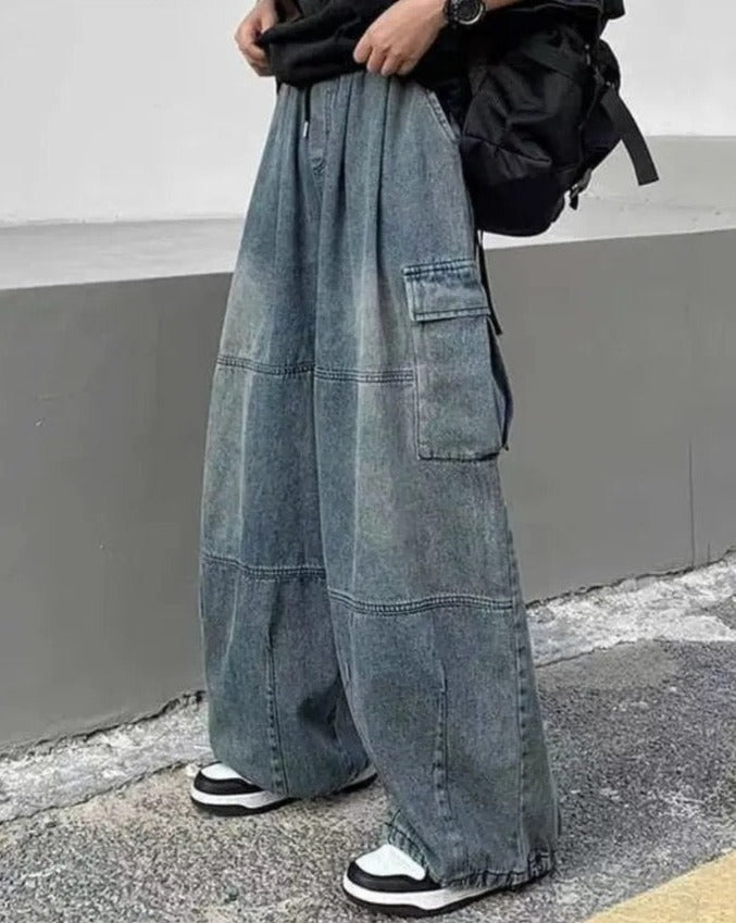 Elastic-Waisted Baggy Cargo Denim Jeans