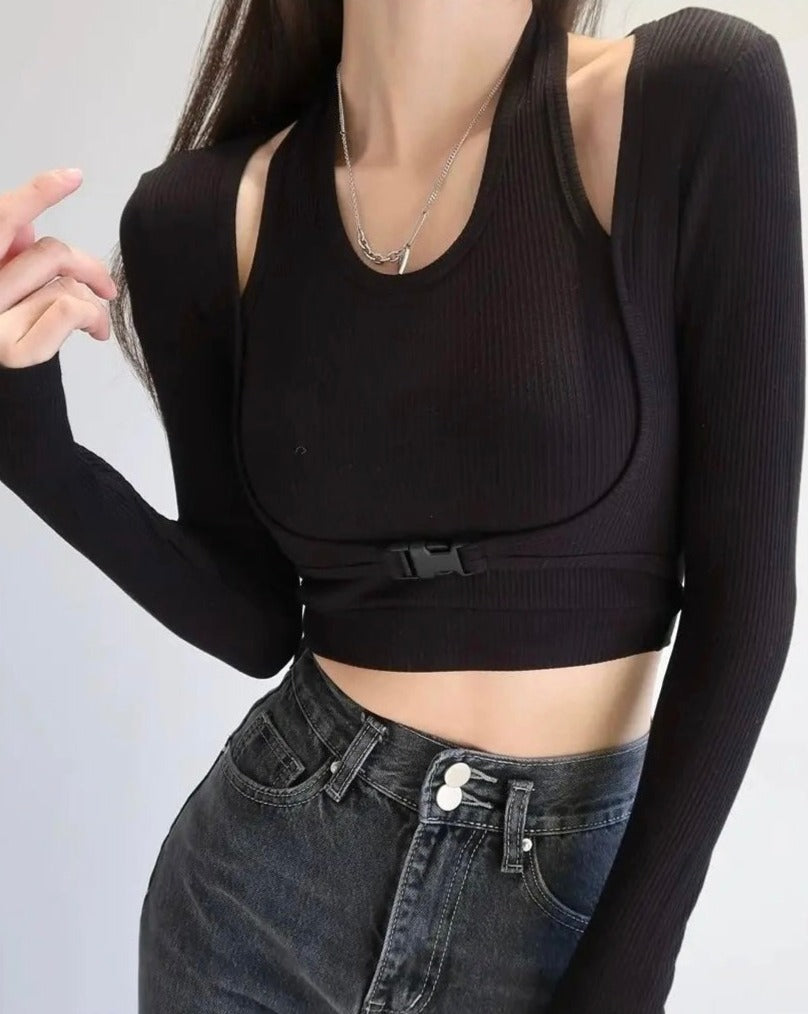 Slim Long Sleeve Buckle Crop top