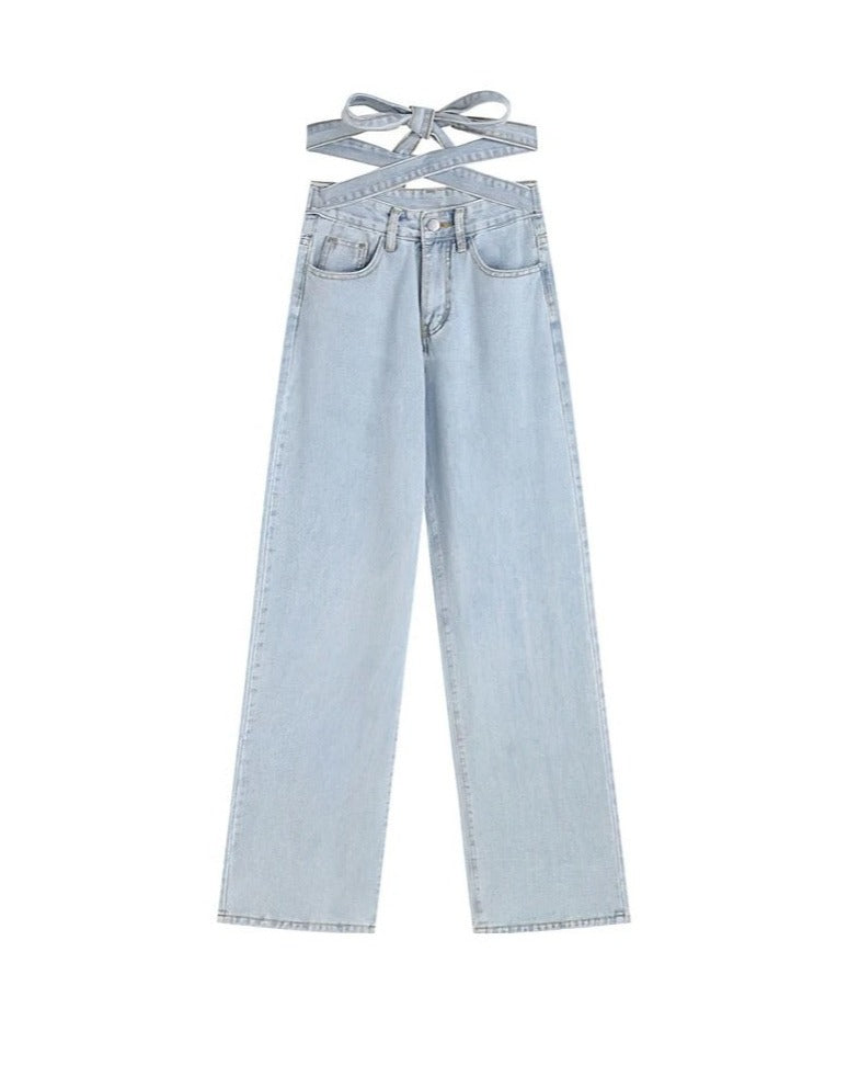 Tie High-Waisted Loose Casual Denim Jeans