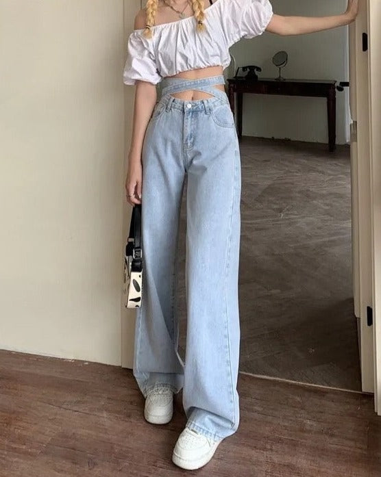 Tie High-Waisted Loose Casual Denim Jeans