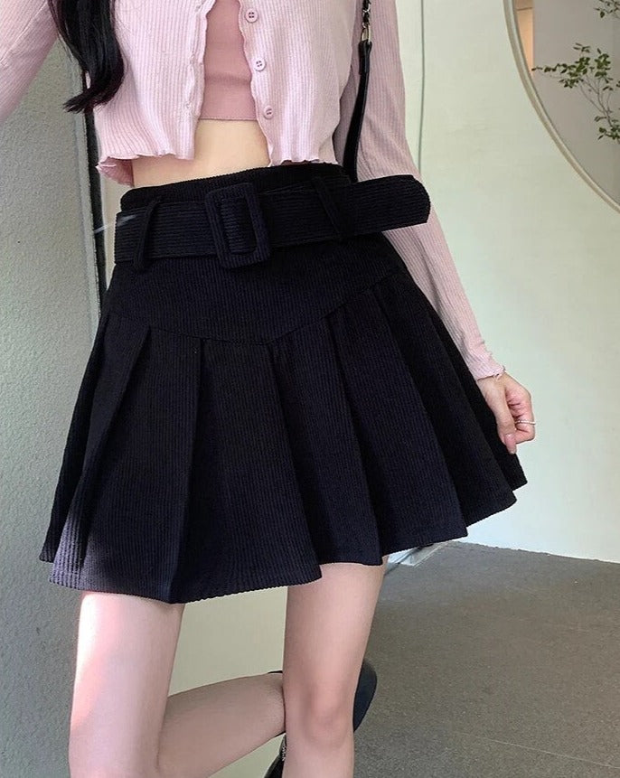 High-Waisted Pleated Mini Skirt with Belt