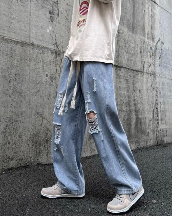 Elastic-Waisted Ripped Denim Joggers