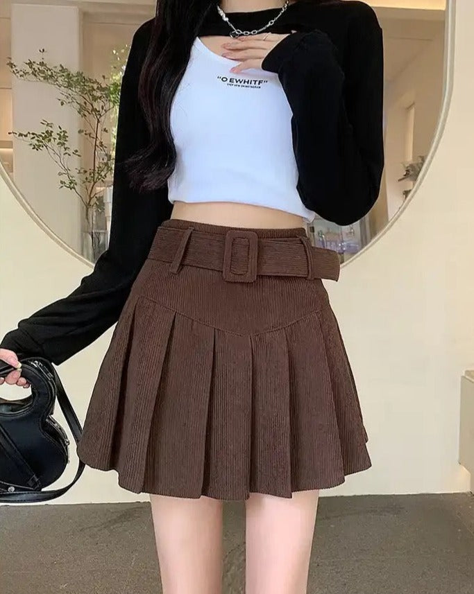 High-Waisted Pleated Mini Skirt with Belt