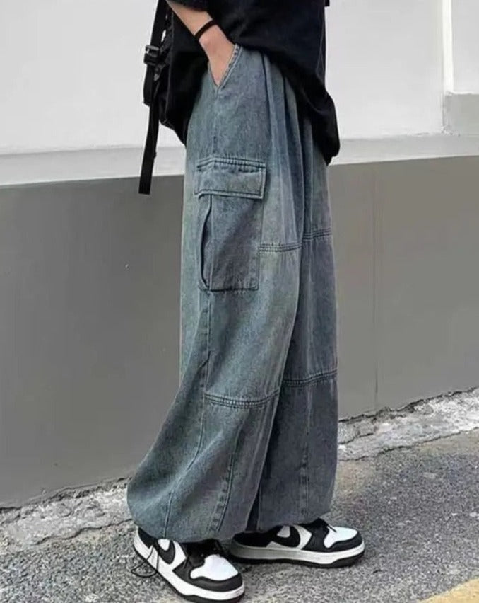 Elastic-Waisted Baggy Cargo Denim Jeans