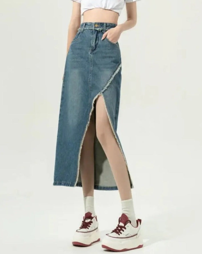 Slit High-Waisted Vintage Denim Skirt