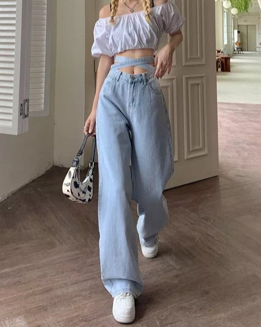 Tie High-Waisted Loose Casual Denim Jeans