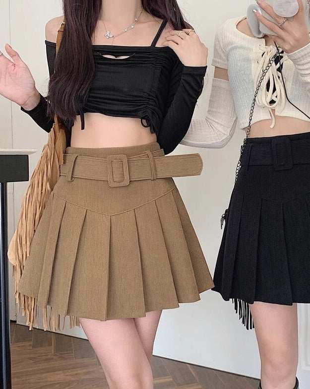 High-Waisted Pleated Mini Skirt with Belt