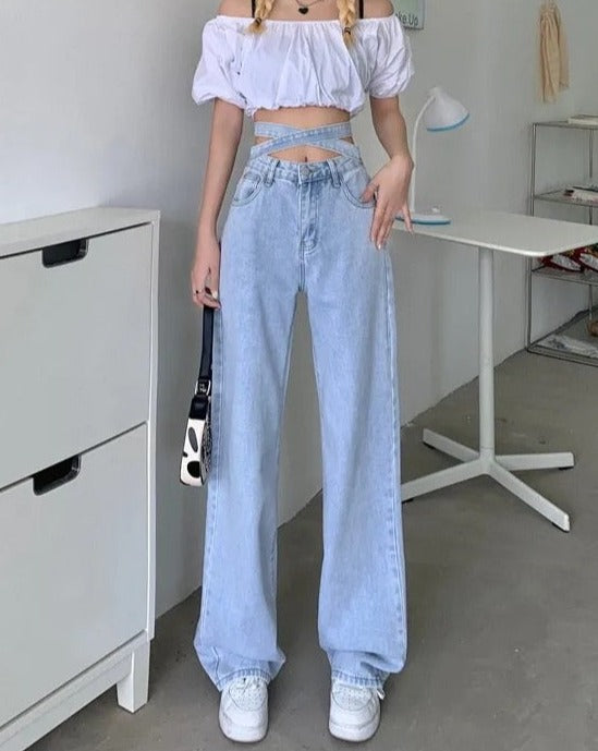 Tie High-Waisted Loose Casual Denim Jeans