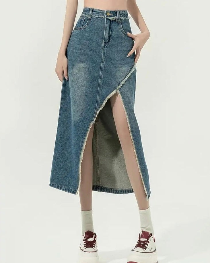 Slit High-Waisted Vintage Denim Skirt