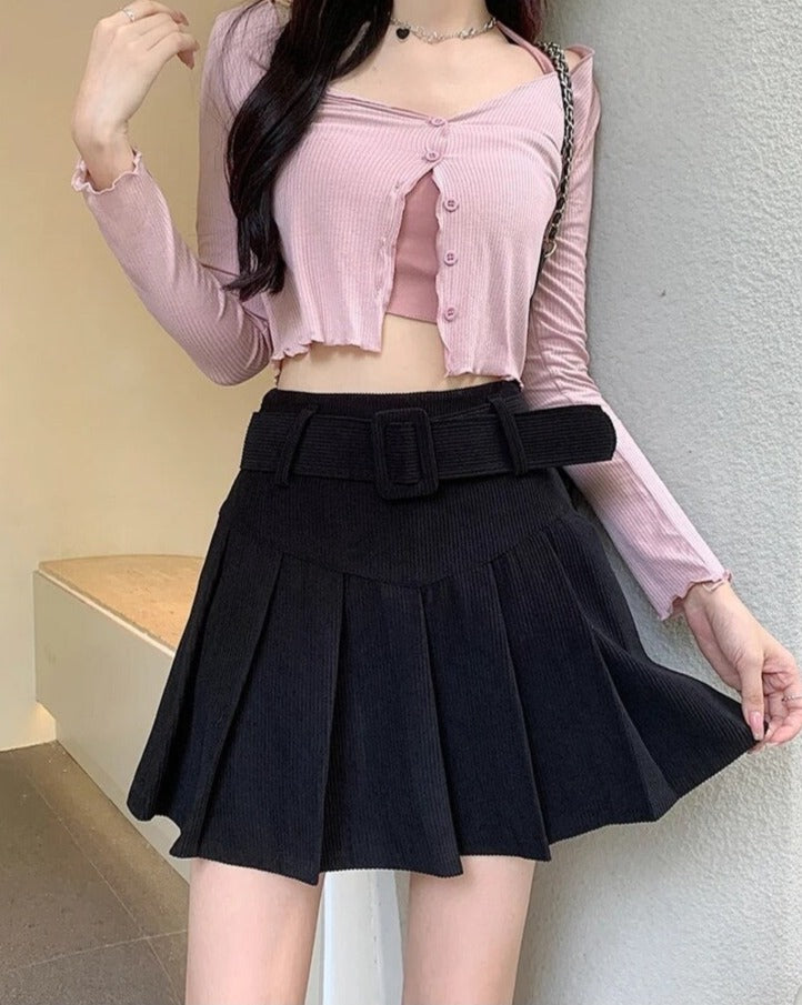 High-Waisted Pleated Mini Skirt with Belt