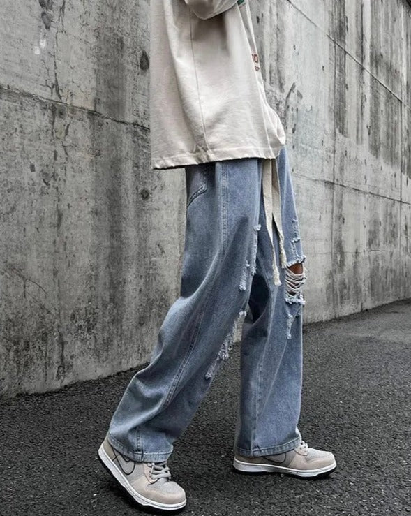 Elastic-Waisted Ripped Denim Joggers