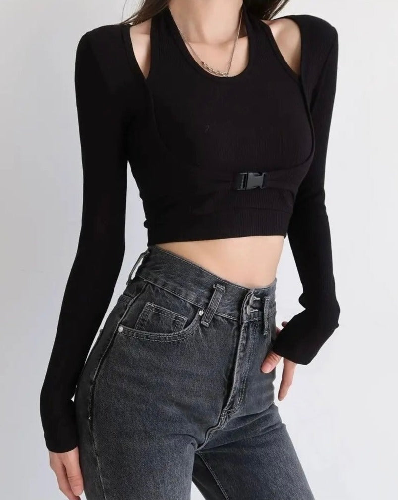 Slim Long Sleeve Buckle Crop top