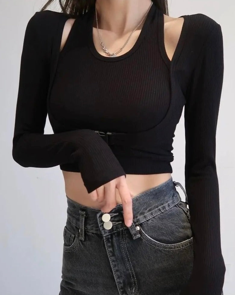 Slim Long Sleeve Buckle Crop top