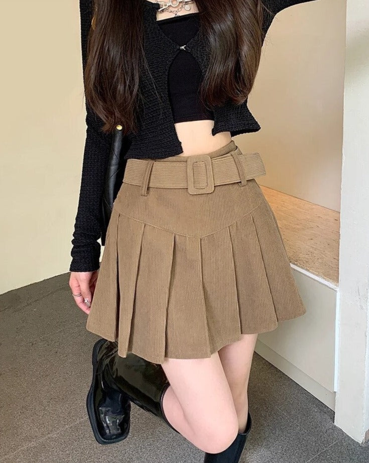 High-Waisted Pleated Mini Skirt with Belt