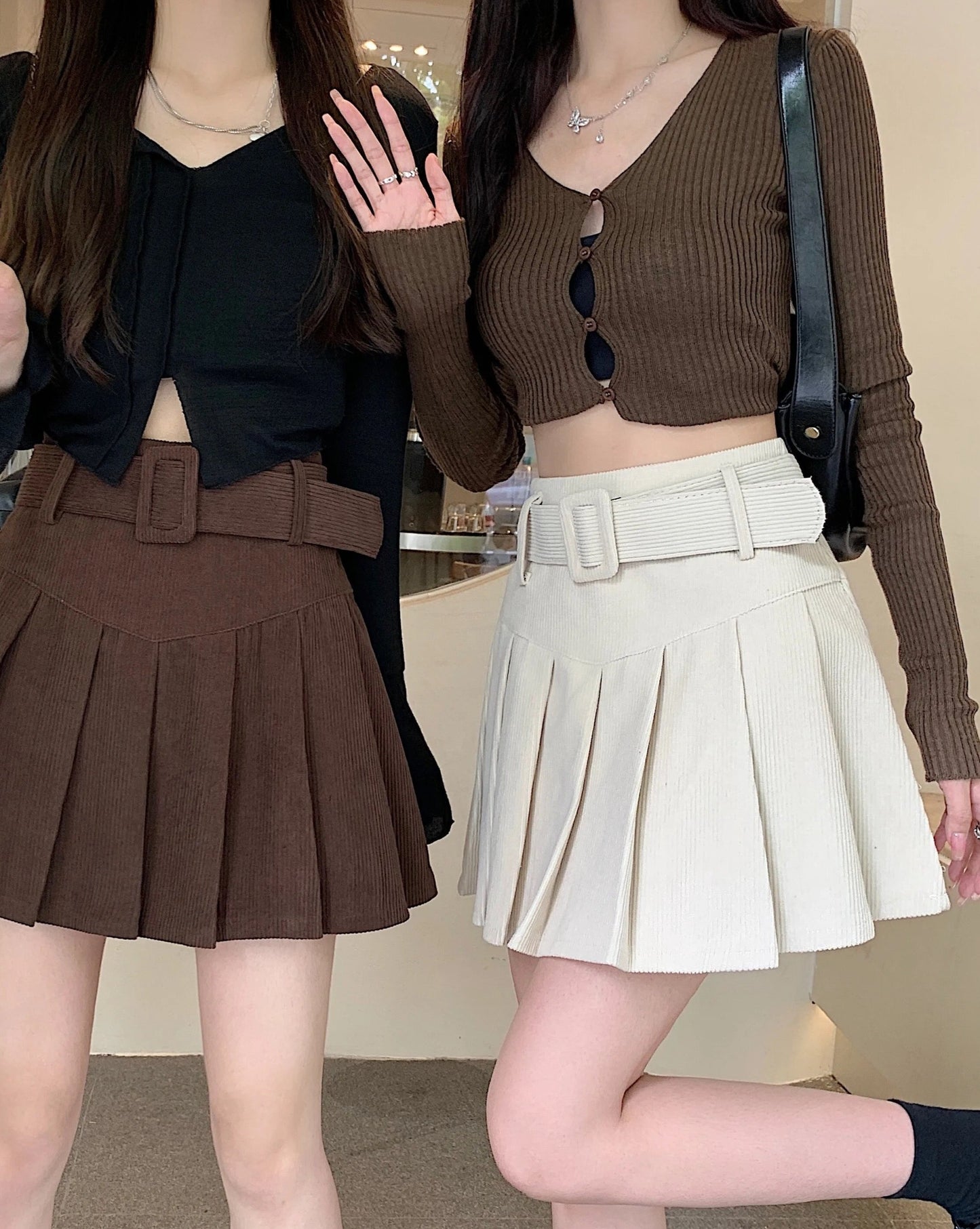 High-Waisted Pleated Mini Skirt with Belt