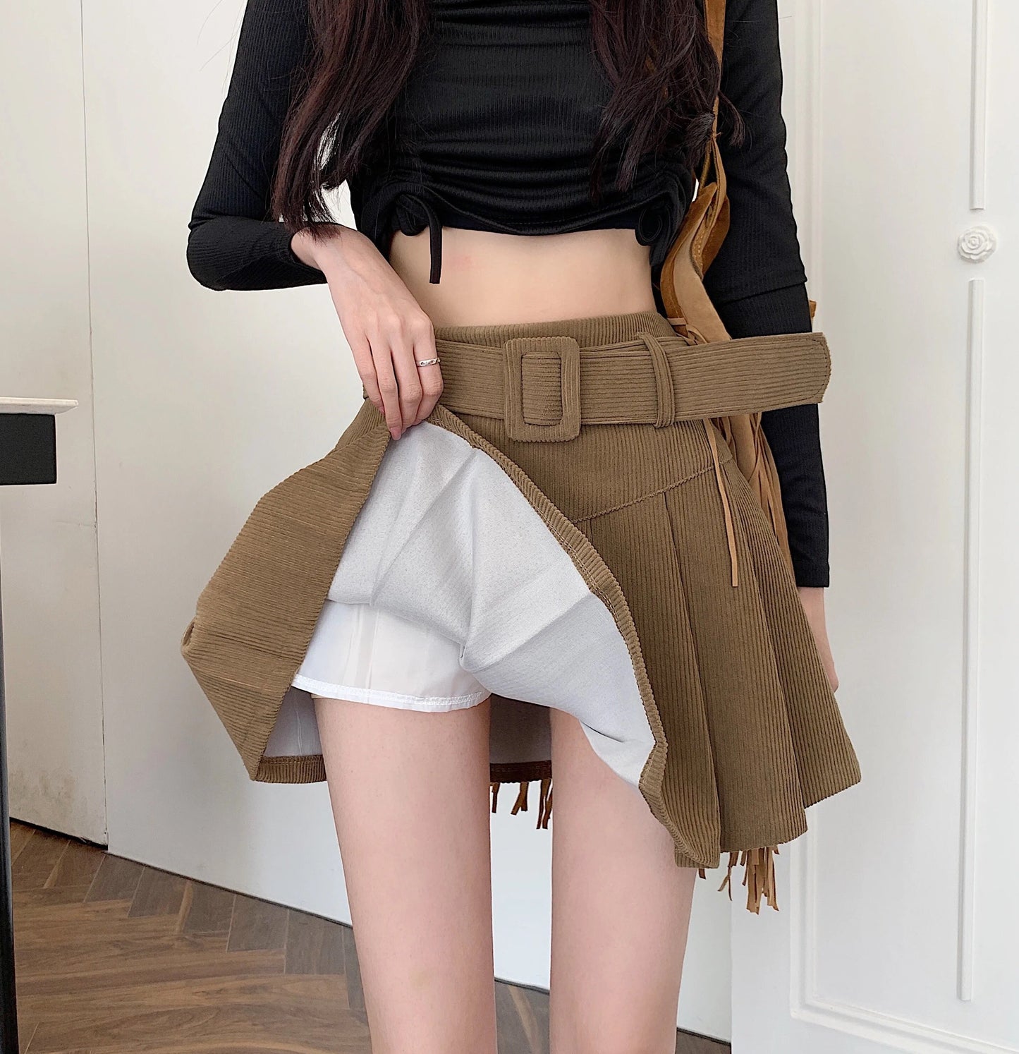 High-Waisted Pleated Mini Skirt with Belt