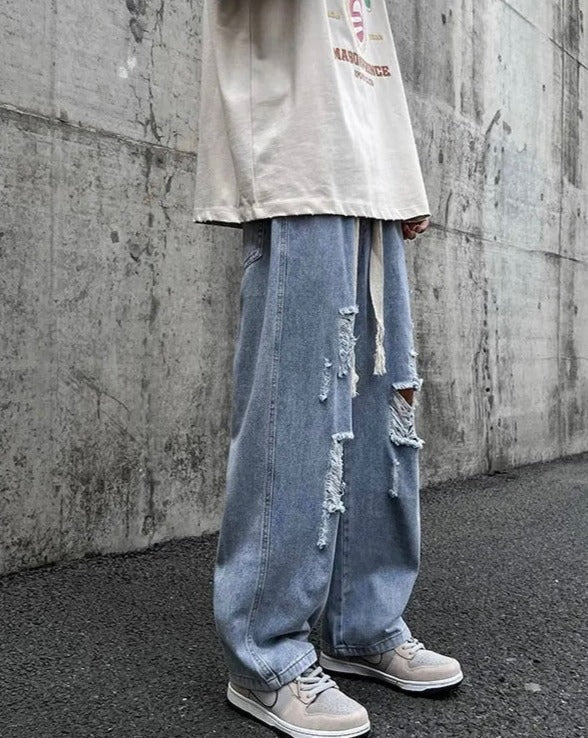 Elastic-Waisted Ripped Denim Joggers