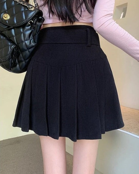 High-Waisted Pleated Mini Skirt with Belt