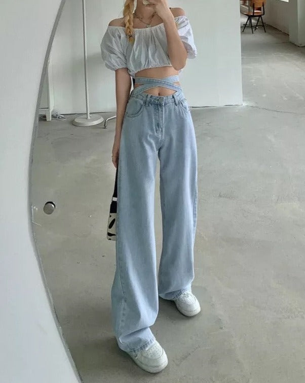 Tie High-Waisted Loose Casual Denim Jeans