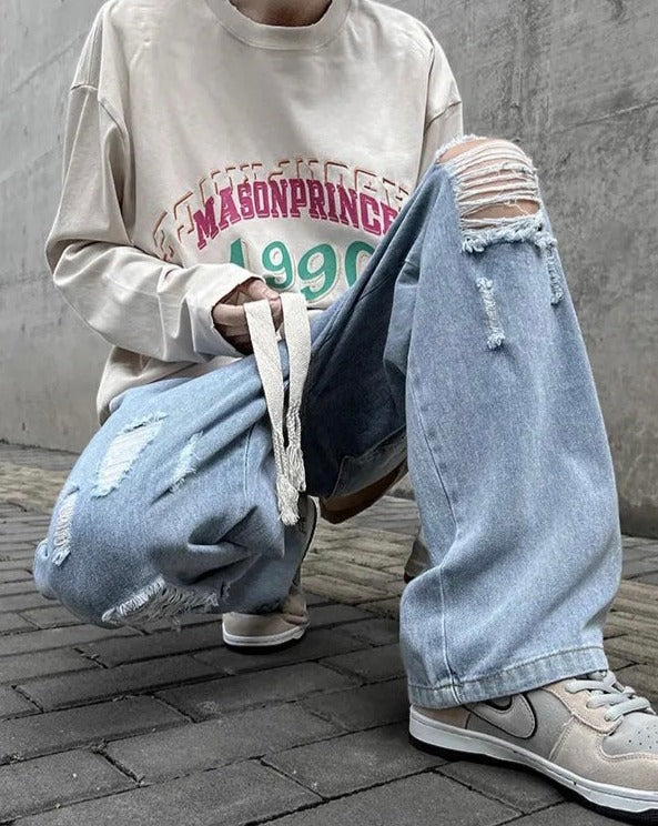 Elastic-Waisted Ripped Denim Joggers