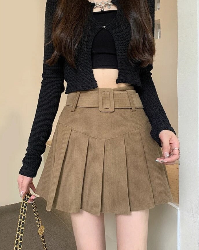 High-Waisted Pleated Mini Skirt with Belt