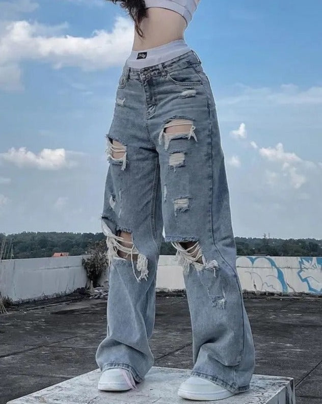 Baggy Distressed Ripped Denim Jeans