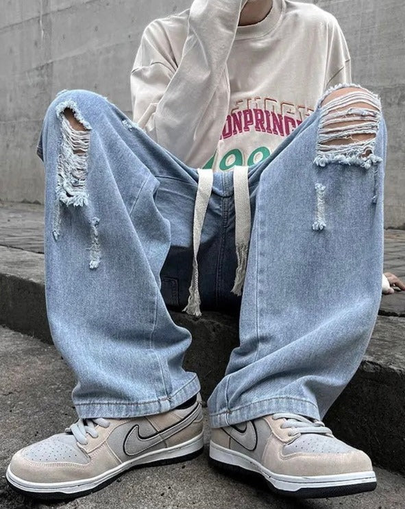 Elastic-Waisted Ripped Denim Joggers