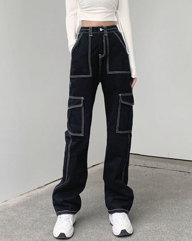 Straight Leg Cargo Denim Jeans