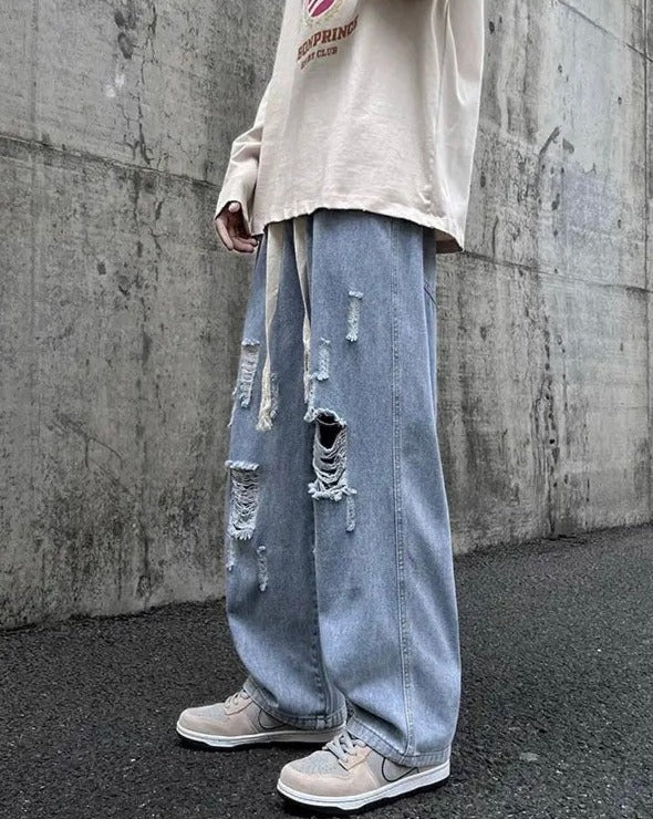 Elastic-Waisted Ripped Denim Joggers