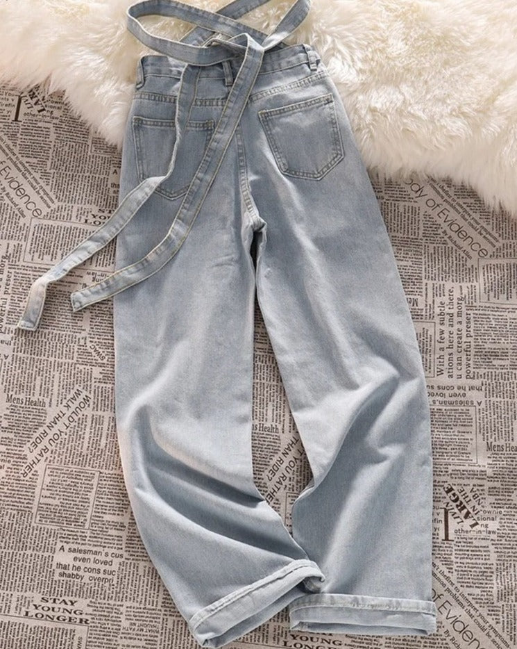 Tie High-Waisted Loose Casual Denim Jeans