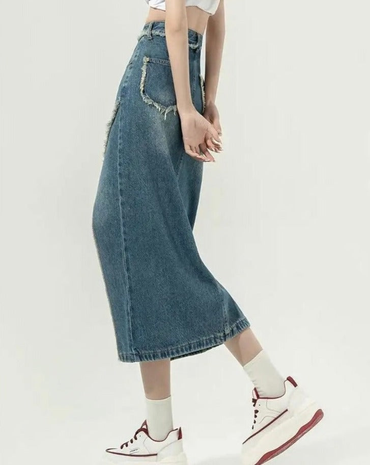 Slit High-Waisted Vintage Denim Skirt