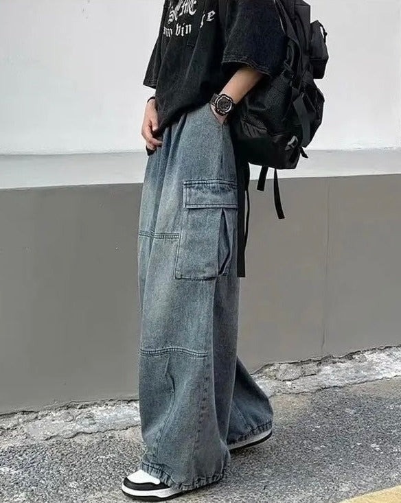 Elastic-Waisted Baggy Cargo Denim Jeans